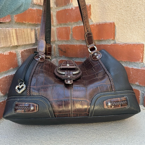 VTG Brighton🤎Large Leather Croc Embossed Brown/Black Shoulder Bag - Picture 8 of 14